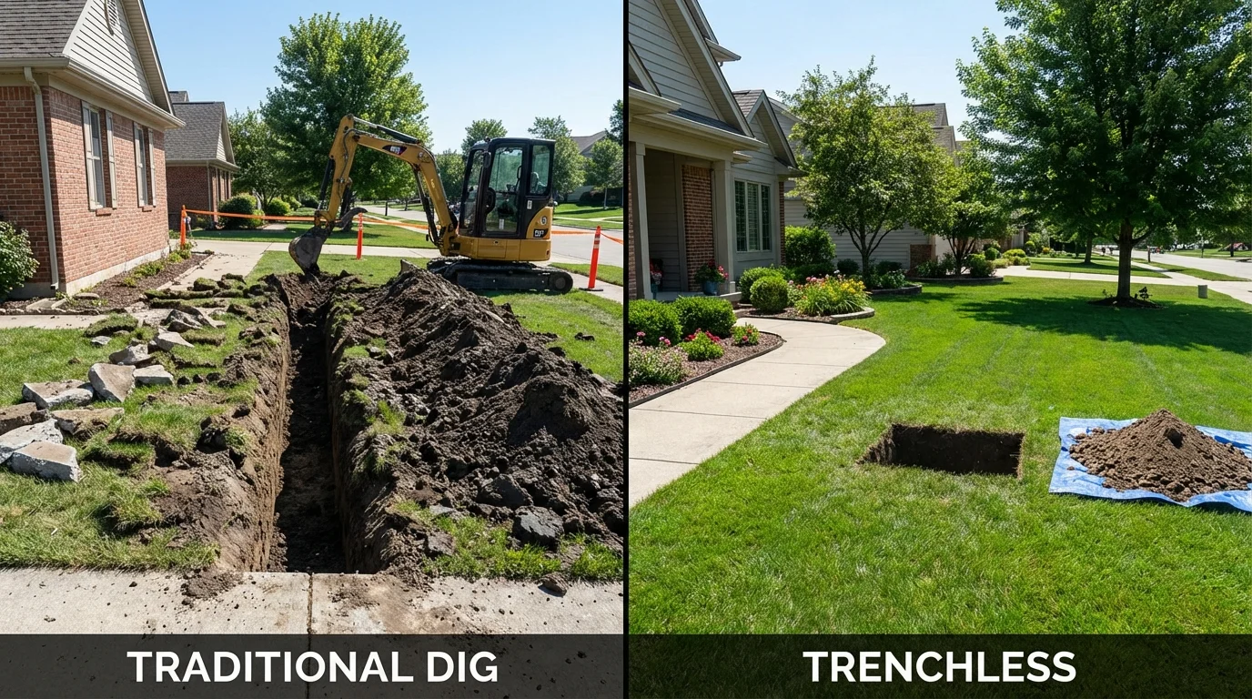 Trenchless sewer repair with minimal yard damage versus traditional excavation in Gainesville, TX