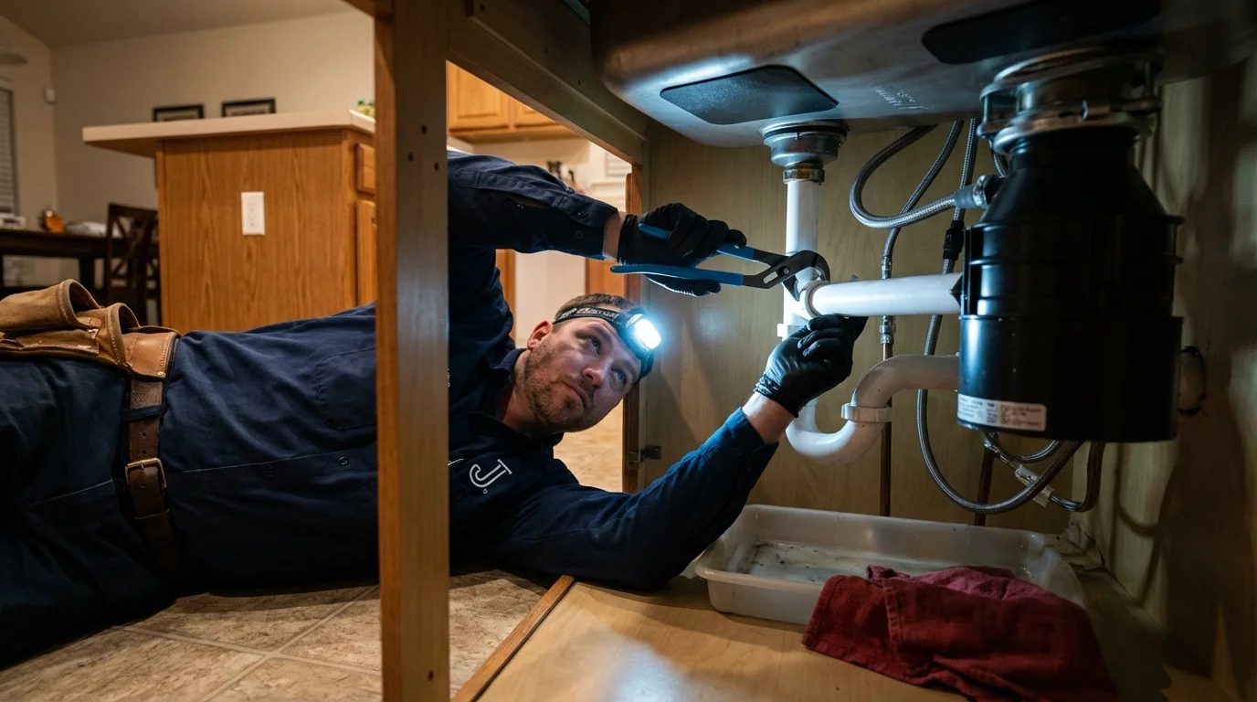 P-trap and supply line connections under a kitchen sink showing a common leak point in Gainesville, TX